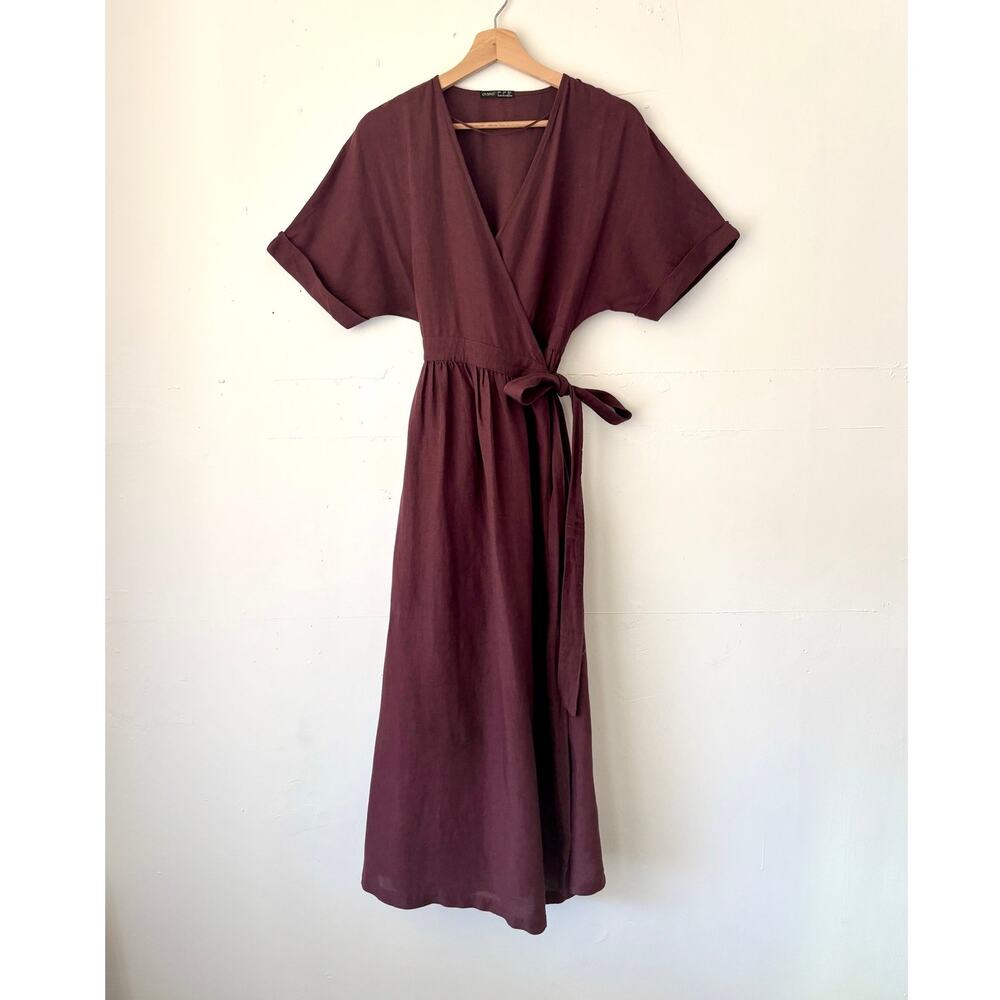 $129 OYSHO Burgundy Linen Midi Wrap Dress Minimalist Boho Earthy Lagenlook Small